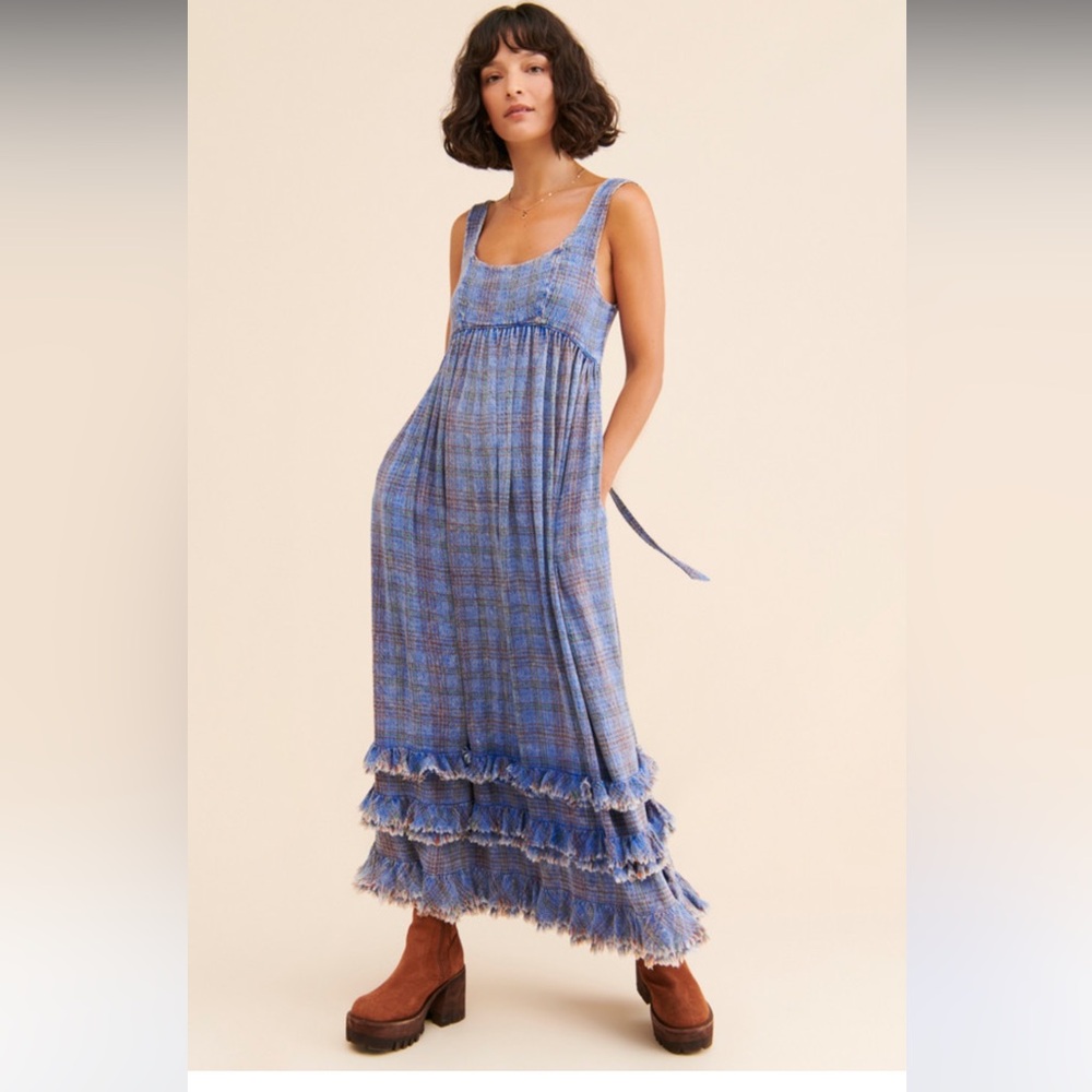Free People Lily Anne Blue Plaid Sleeveless Maxi Dress S